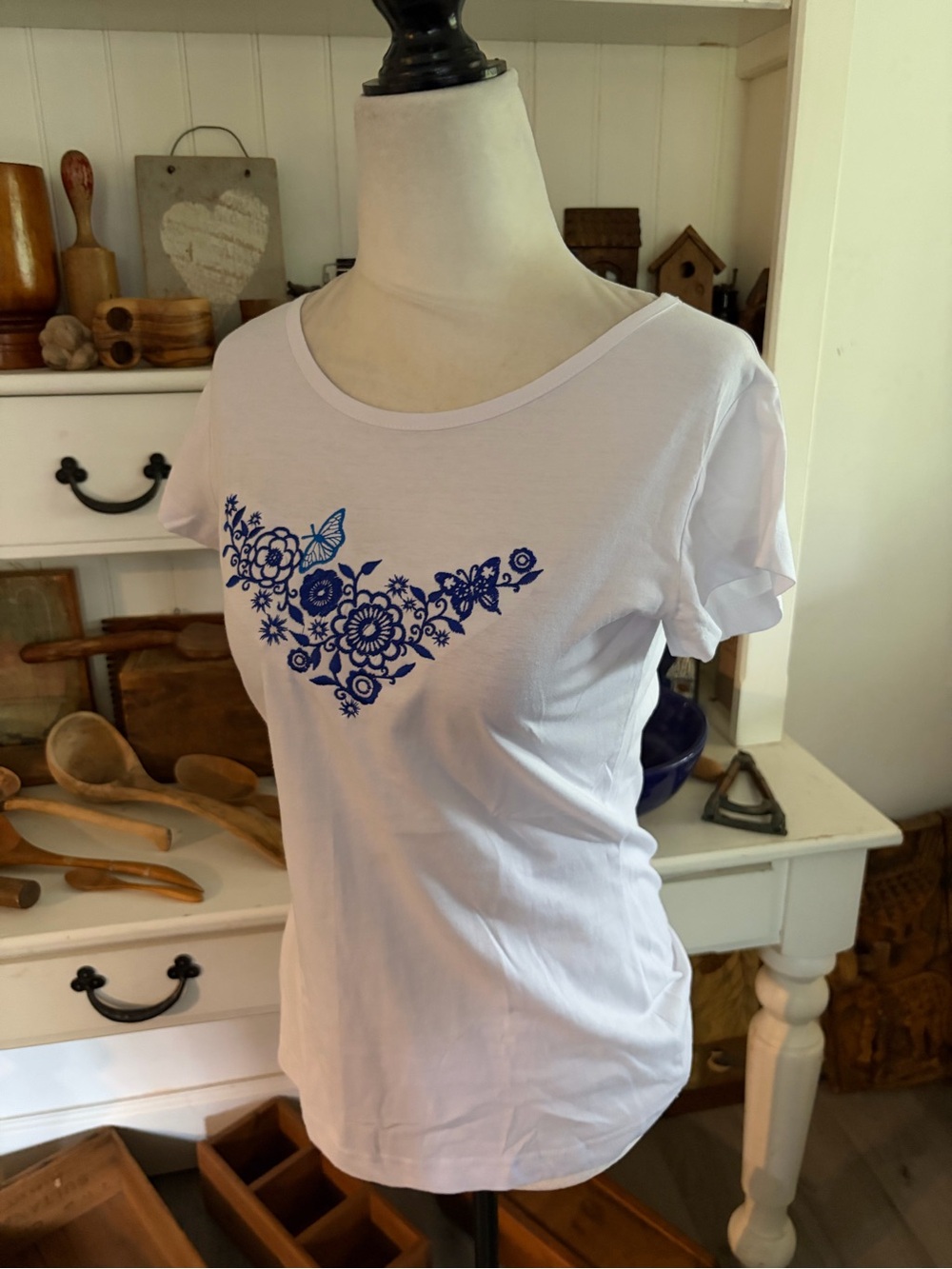 Malfini White Women’s Tee with Blue Floral Print